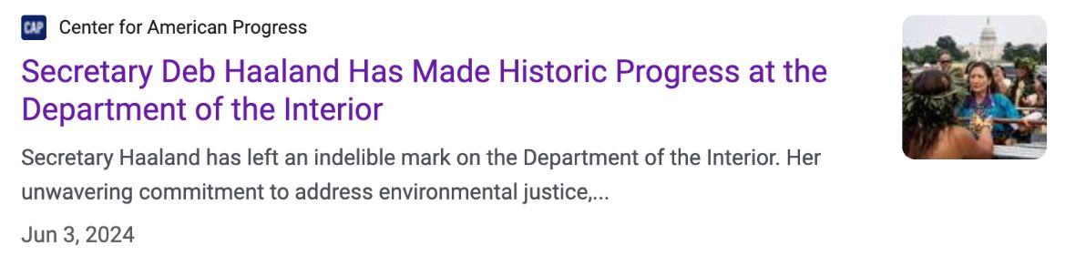 A screen grab from the Center for American Progress detailing Secretary Haaland's historic progress at the Department of Interior.