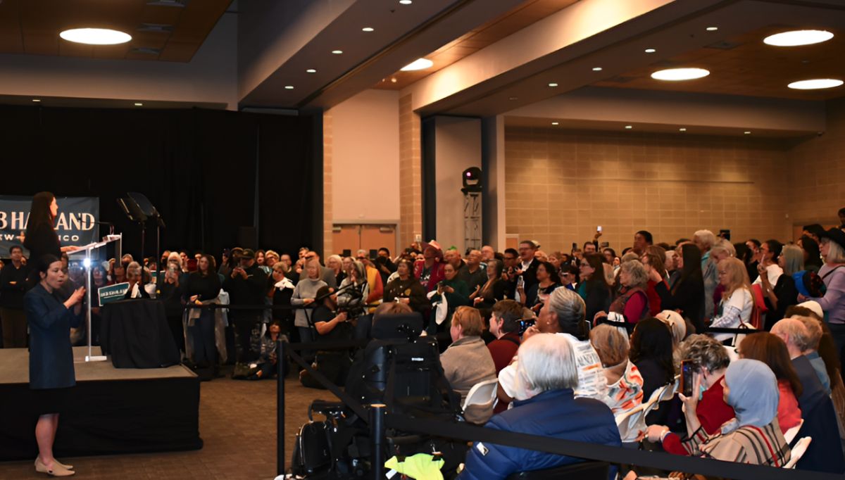 Deb addressing a packed house of supporters in Albuquerque.