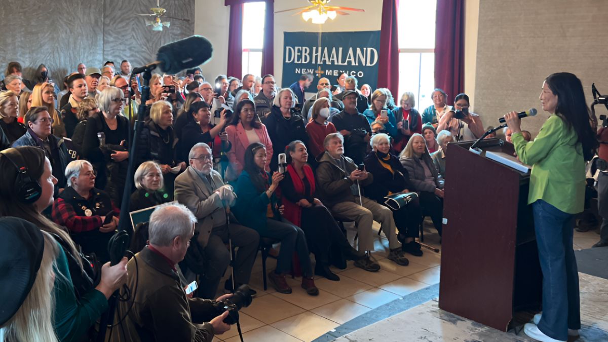 Deb sharing our campaign's message with New Mexicans in Santa Fe.